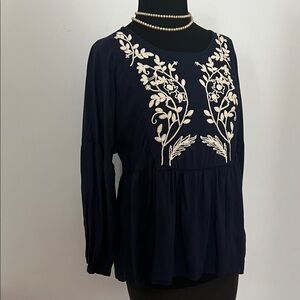 Lucky Brand Elegant Navy Blue Embroidered Women's Top